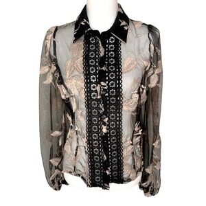 Peach Mesh Embroidered Floral Boho Top Blouse Size Large Black/Creme